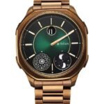 Titan Stellar Jumping Hour Micromotors Zodiac Analog with Dual Moonphase and Green Dial IP Bronze Stainless Steel Watch for Men