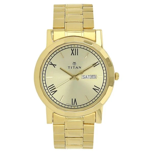 1644YM03_1 Titan Quartz Analog with Day and Date Champagne Dial Stainless Steel Strap Watch for Men - Image 1