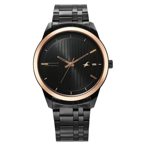 3308KM01_1 Fastrack Stunners Quartz Analog Black Dial Black Stainless Steel Strap Watch For Guys - Image 1