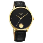Sonata Gold Quartz Analog Watch for Men with Black Dial Leather Strap With An Eye-Catching Gold Coin on Dial