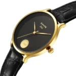 Sonata Gold Quartz Analog Watch for Men with Black Dial Leather Strap With An Eye-Catching Gold Coin on Dial - Image 3