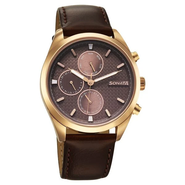 7155WL01_2 Sonata Magna Quartz Multifunction Brown Dial Rose Gold Leather Strap Watch For Men - Image 1