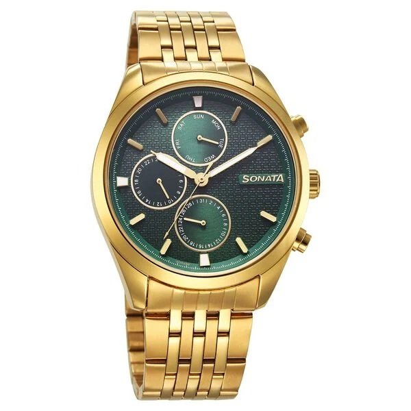 7155YM01_2 Sonata Magna Quartz Multifunction Green Dial Golden Stainless Steel Strap Watch For Men - Image 1