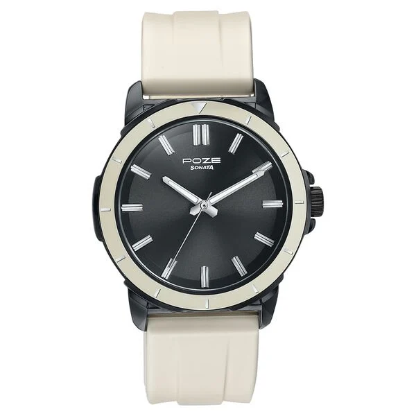 SP70075KP03_2 Sonata Poze Quartz Analog Black Dial Beige Silicone Strap Watch For Men - Image 1