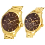 Timex Fashion Collection Premium Quality Multifunction Pair's Analog Brown Dial Coloured Quartz Watch, Round Dial with 44 mm Case width