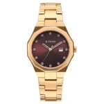 Titan Purple Time Deluxe Quartz Analog Brown Dial Rose Gold Metal Strap Watch For Women